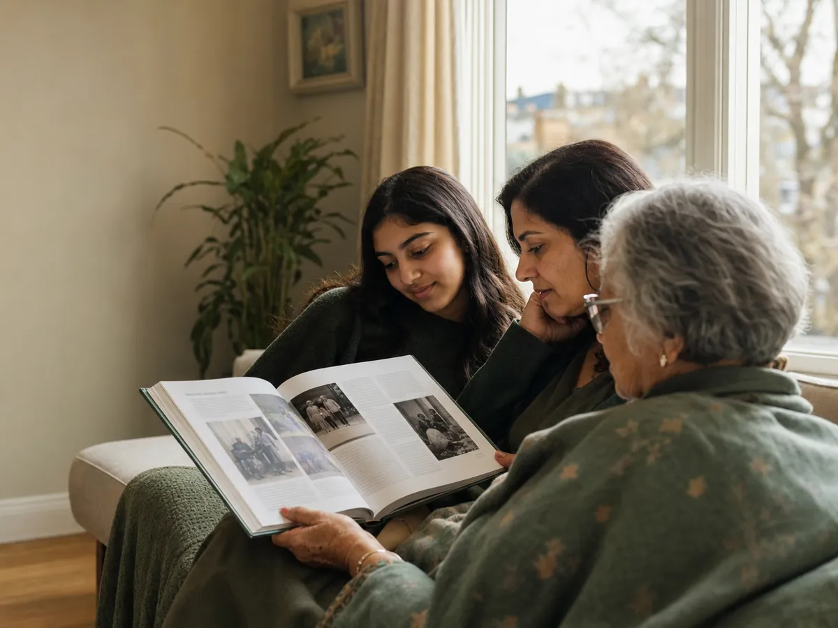 Three generations of an Indian-origin family reading an open memoir together