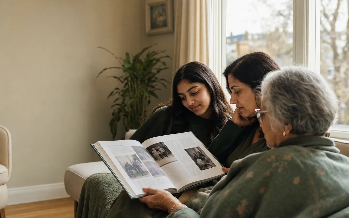 Three generations of an Indian-origin family reading an open memoir together