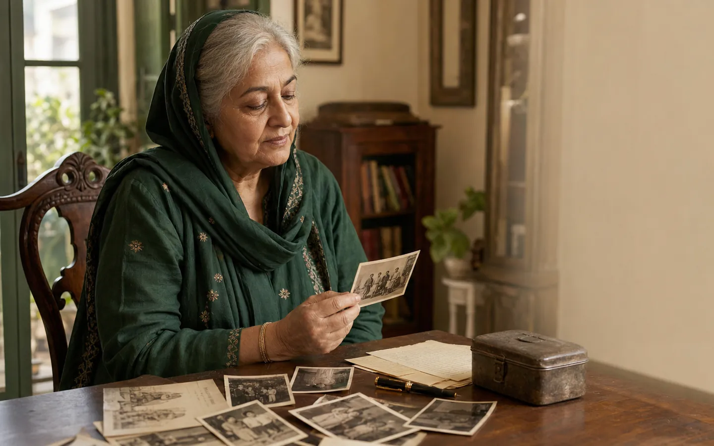 An Indian family gathering around photographs and an open memoir
