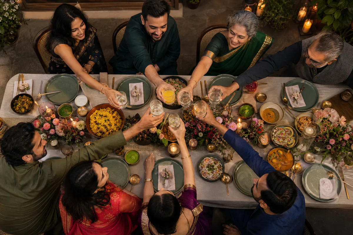 Younger and older Indian adults sharing a celebratory toast around a beautifully hosted meal