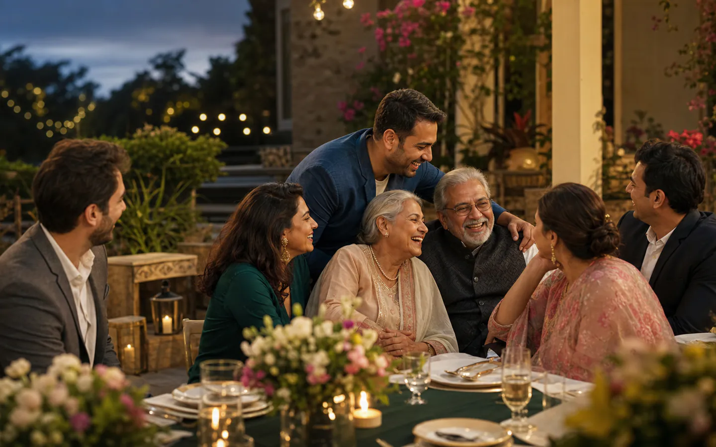 An Indian multigenerational family celebrating an older couple's milestone on a landscaped terrace