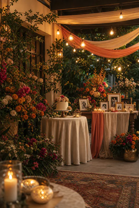 A personalised celebration setting with flowers, family photographs, warm lights, and a simple cake