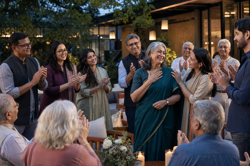 A successful older Indian woman receiving warm applause from colleagues, friends, and family