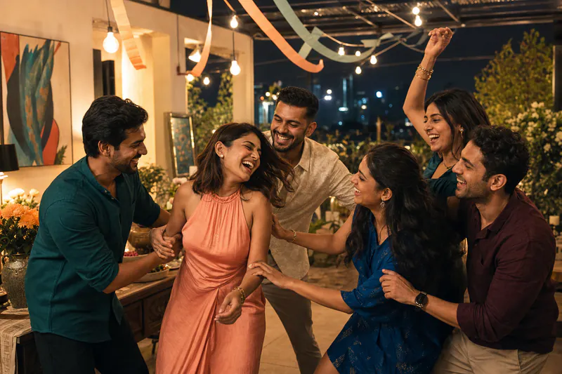 Young Indian friends sharing a spontaneous dance during a rooftop celebration