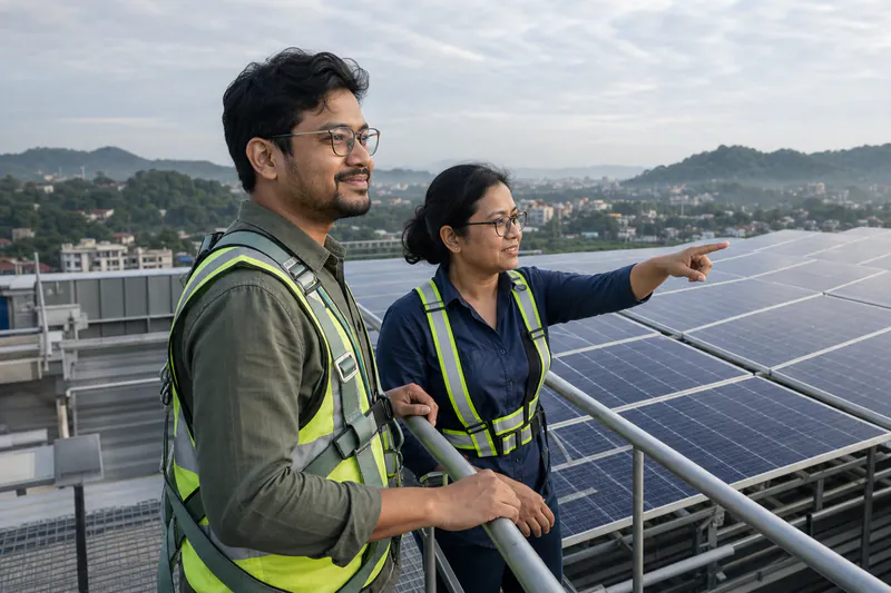 A young north-eastern Indian clean-energy founder reviewing a completed solar installation with a senior engineer