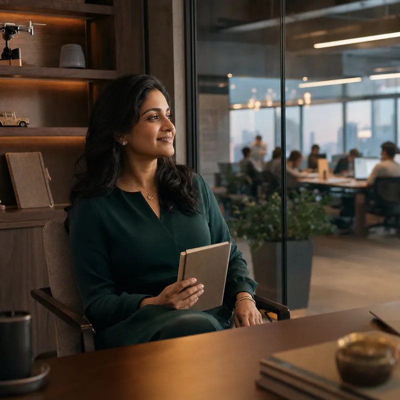 An established Indian woman founder reflecting while looking towards the company she has built