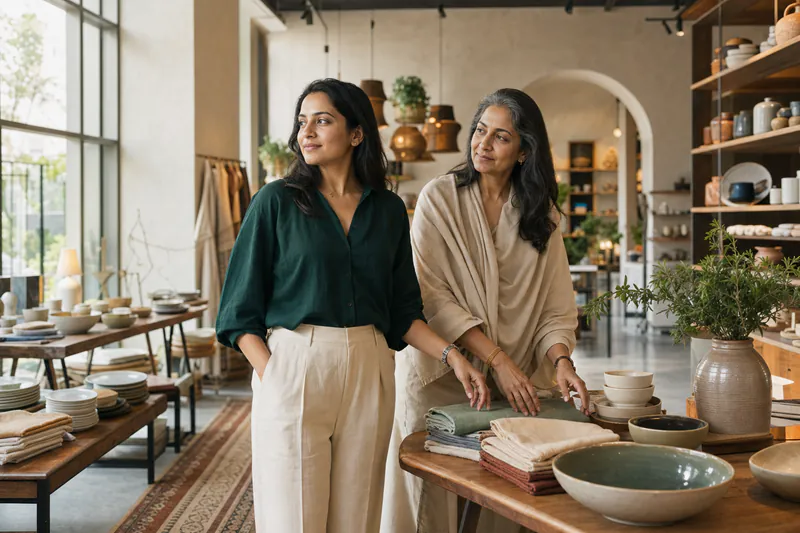 A young Indian founder and her mother sharing a moment of pride inside their family homeware store