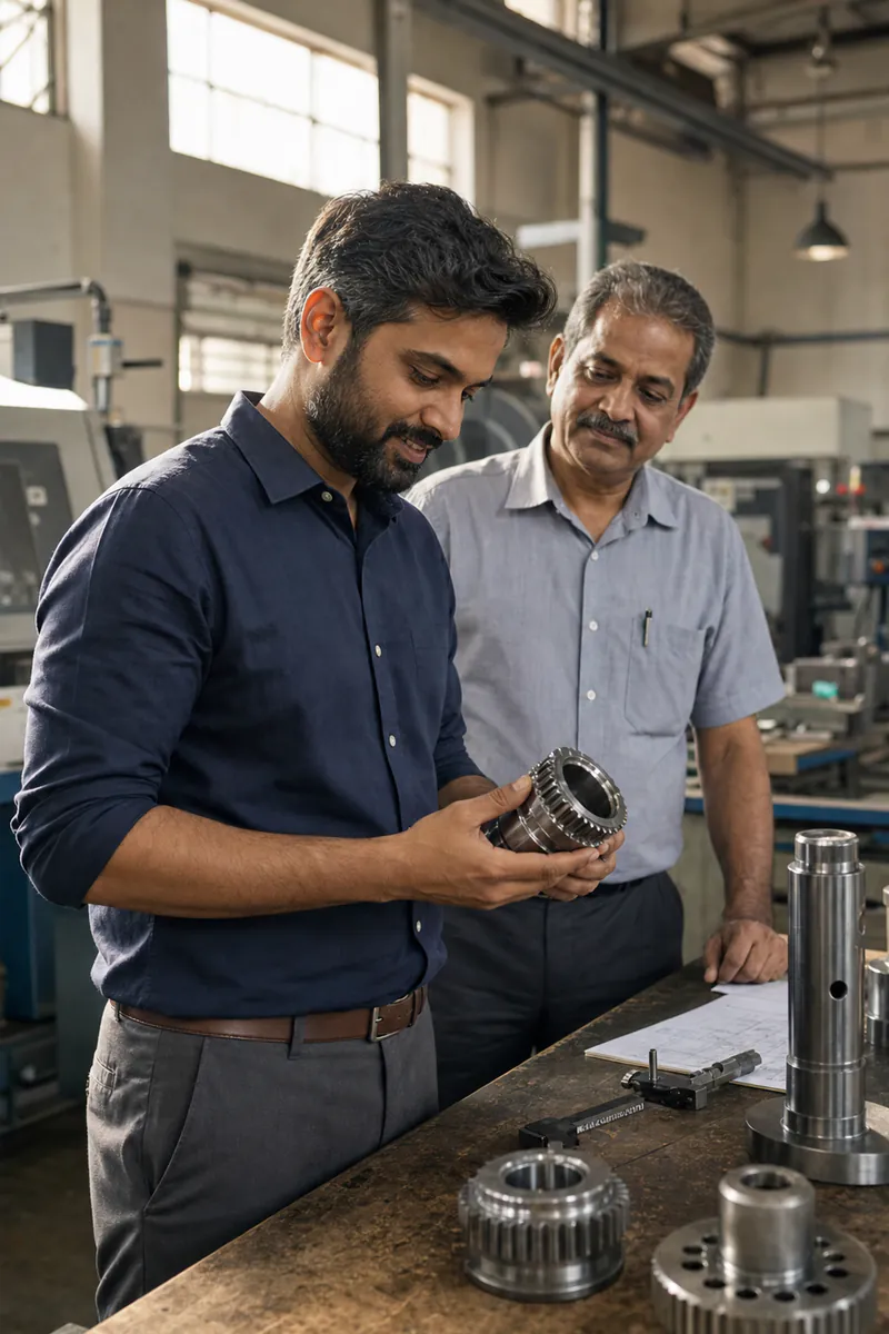 A successful young Indian founder inspecting a precision component with an experienced colleague in the family workshop