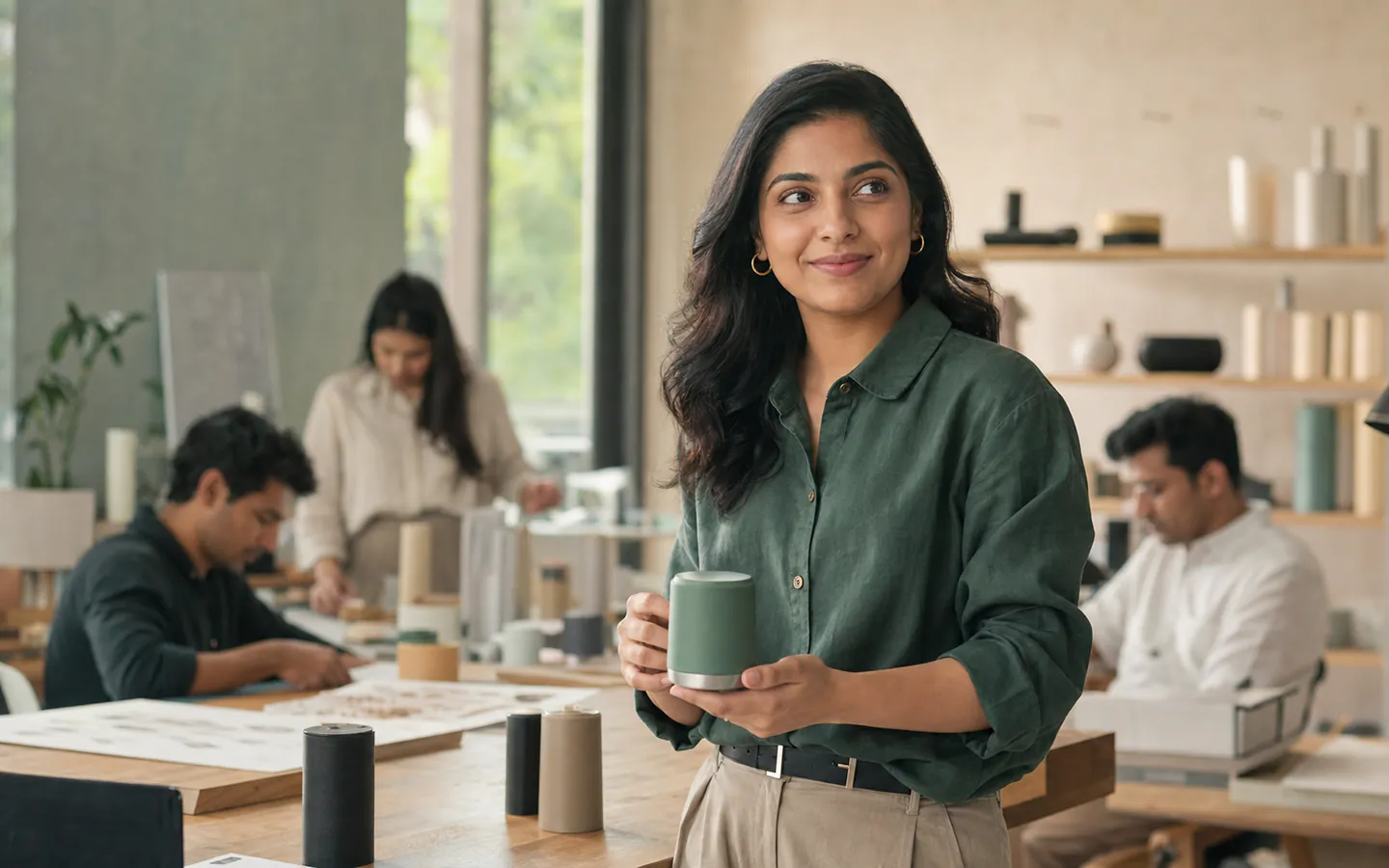 A successful young Indian woman founder holding a finished product in her design studio