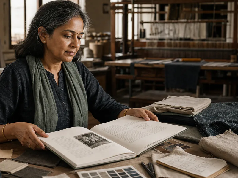 An Indian founder reflecting on her story while reviewing an open memoir