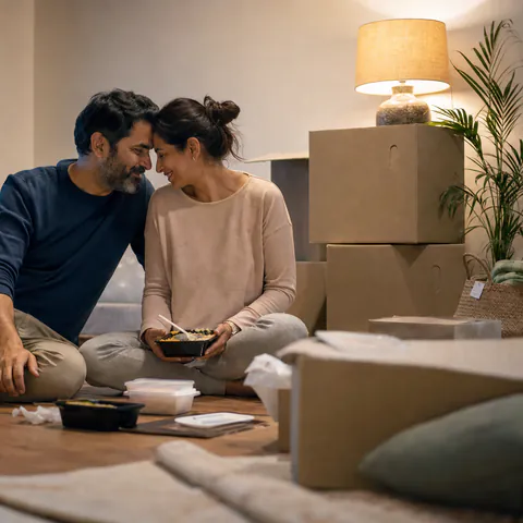 A young Indian couple sitting among moving boxes in their first home