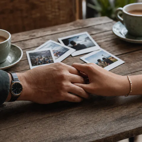 A couple's hands beside shared photographs and coffee at a café table