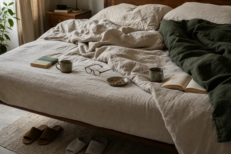 Quiet morning light across the shared details of a couple's bedroom