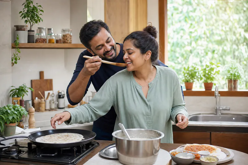 A South Indian couple laughing together while cooking breakfast at home