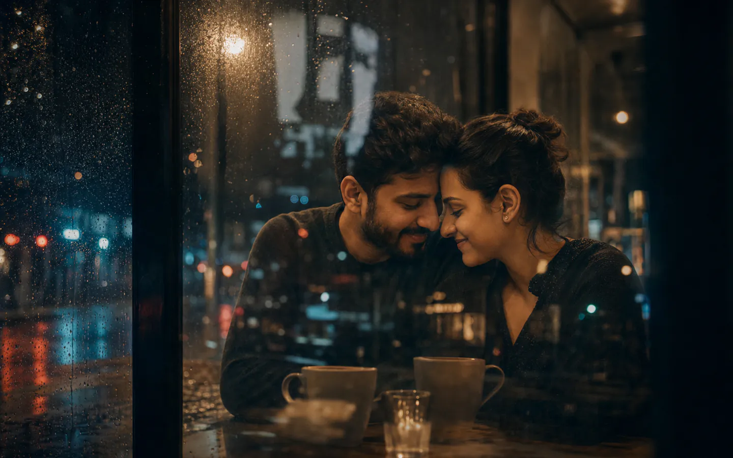 A young Indian couple sharing a quiet moment beside a rain-streaked café window