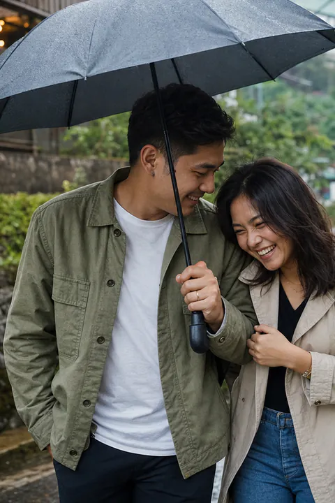 A young north-eastern Indian couple sharing an umbrella on a rain-lit Shillong street