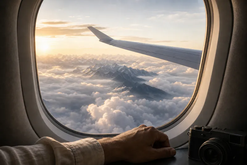 Snow-covered Himalayan peaks seen through a commercial aircraft window