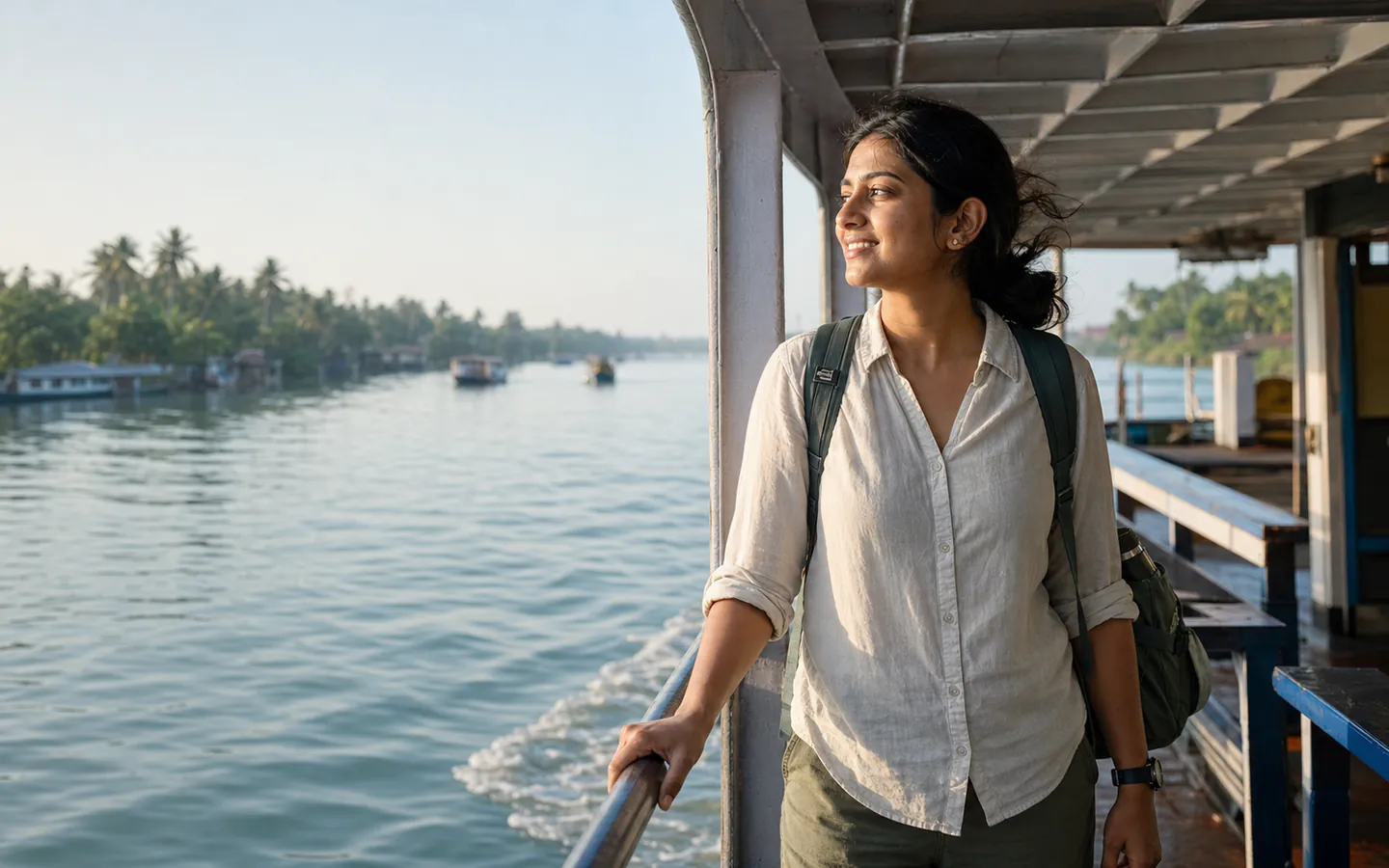 A young Indian woman travelling alone on a morning ferry through the Kerala backwaters