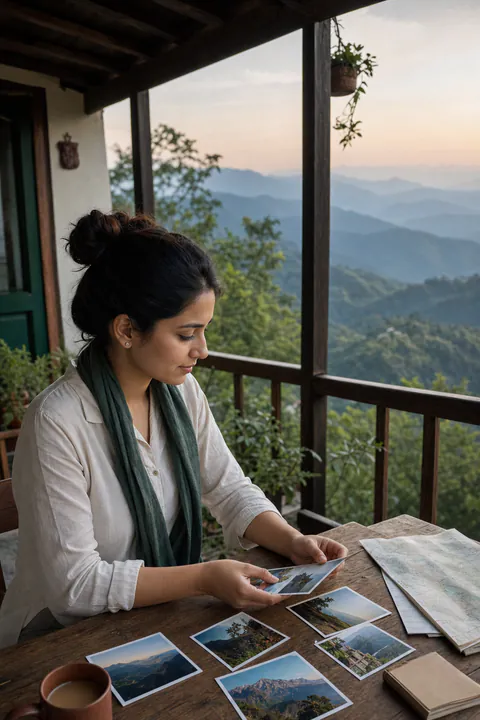 A young Indian solo traveller reflecting on photographs and a route map at a mountain homestay