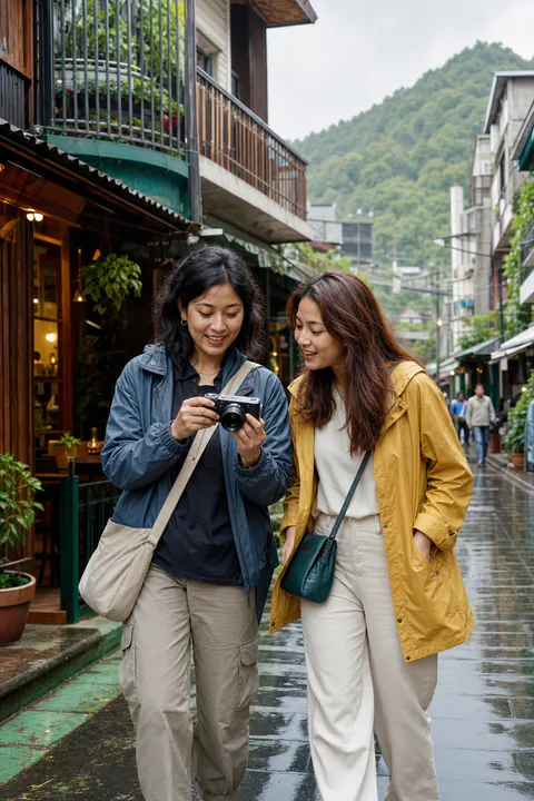 Two young north-eastern Indian women reviewing a photograph while exploring Shillong after rain