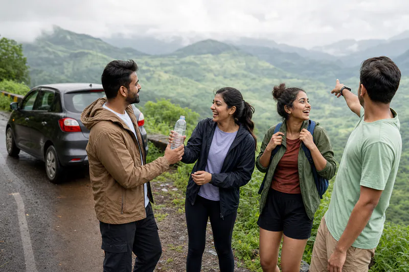 Four young Indian friends sharing a spontaneous moment during a Western Ghats road trip