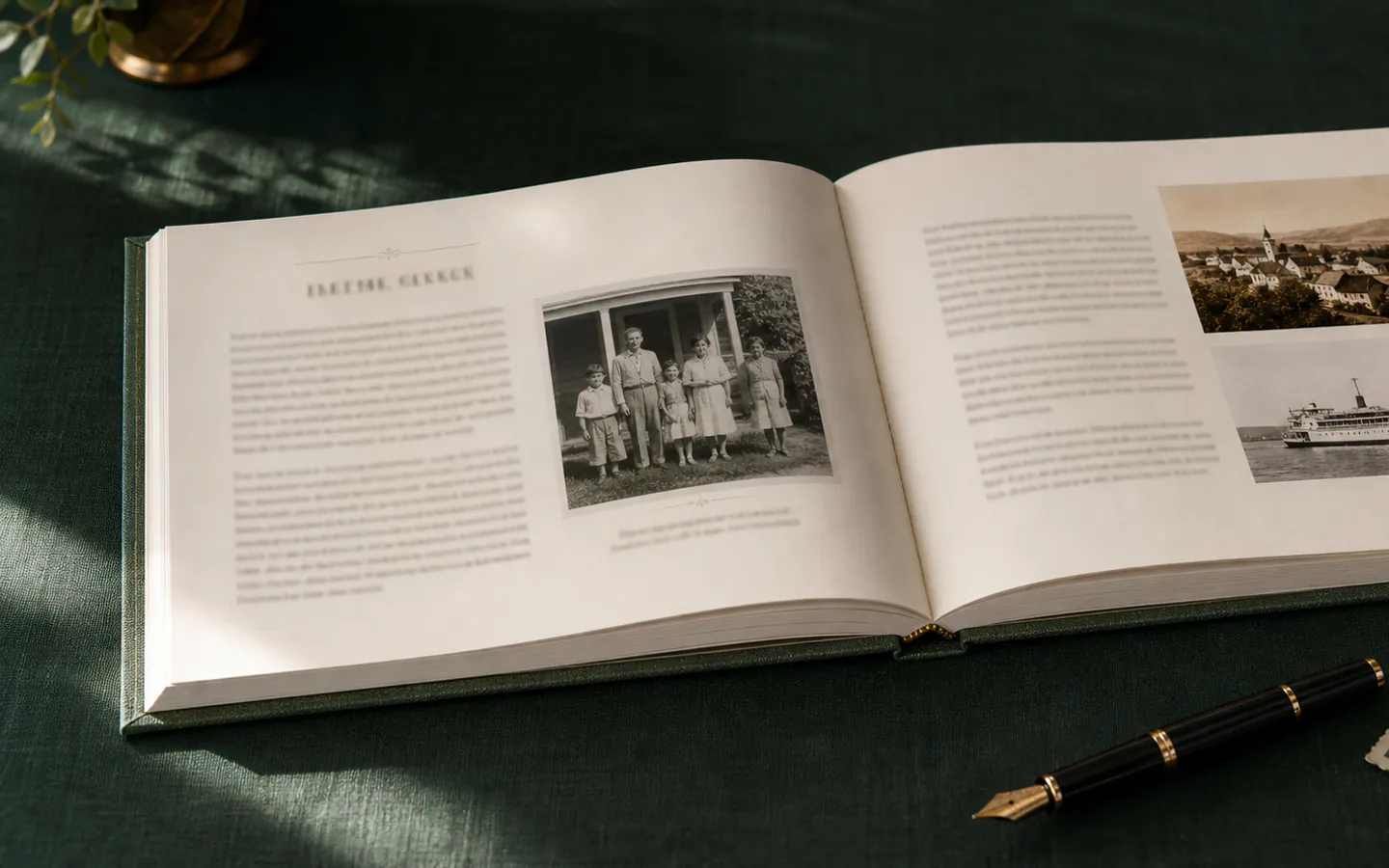 An open square-format Life Story spread combining narrative text and family photographs