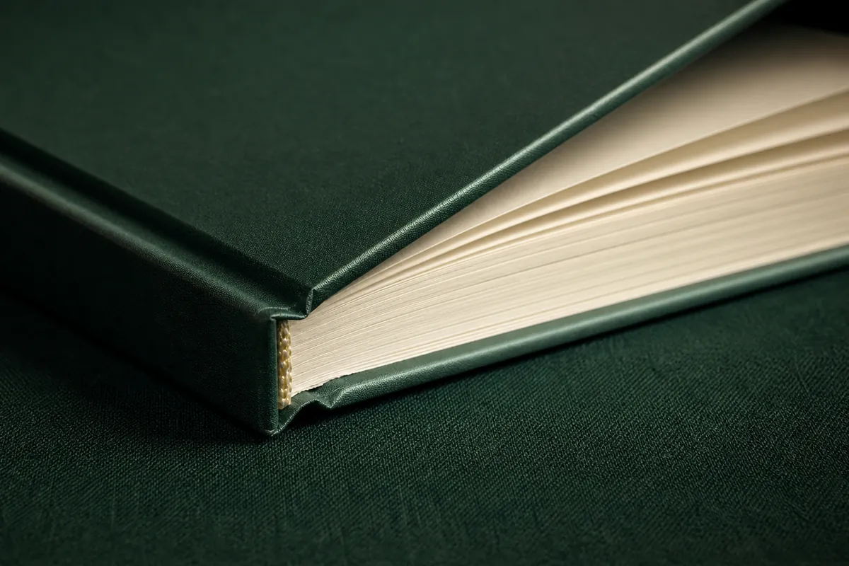 Close detail of a square hardcover memoir binding, hinge and cream page block