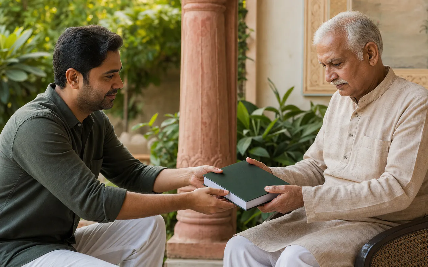 An adult son giving his father a finished square story book