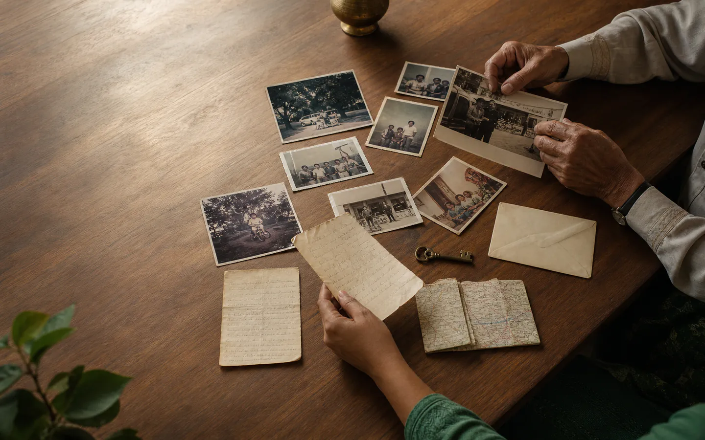 Two family members selecting photographs, notes and keepsakes for a memoir