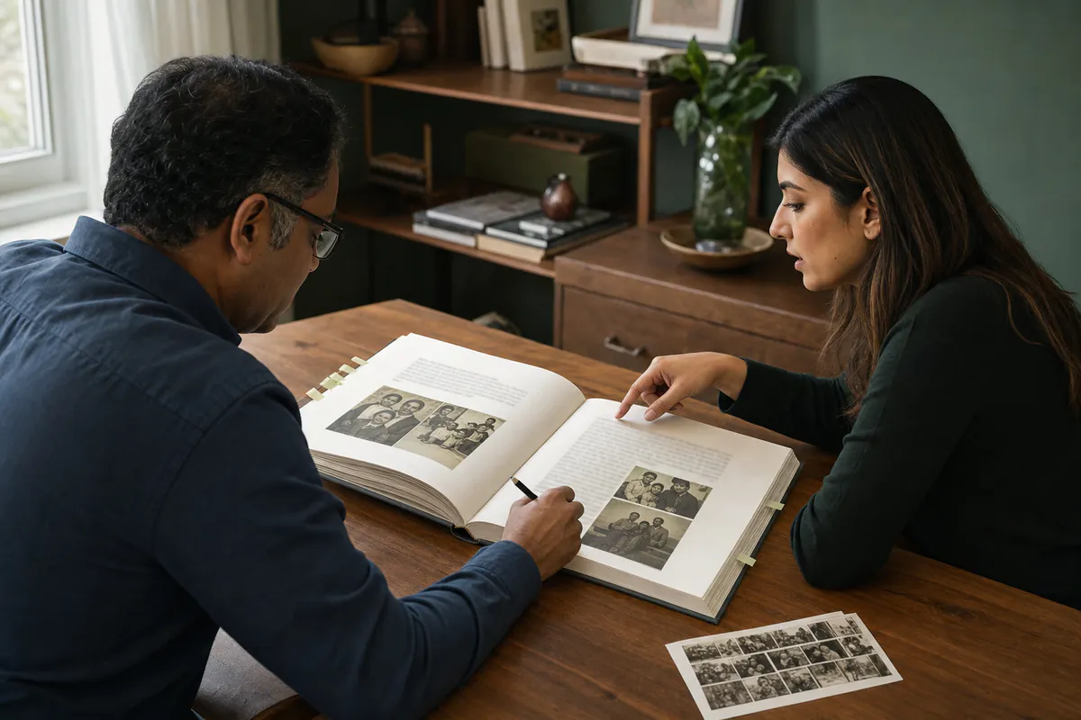 A family reviewing the layout of their story book together